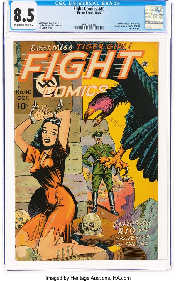 Fight Comics #40 (Fiction House, 1945). A vintage comic book cover featuring a woman in chains, a soldier in a green uniform, and a large bird with menacing claws. The title is 'Fight Comics #40', and it showcases the character Señorita Rio amidst dramatic imagery related to World War II.