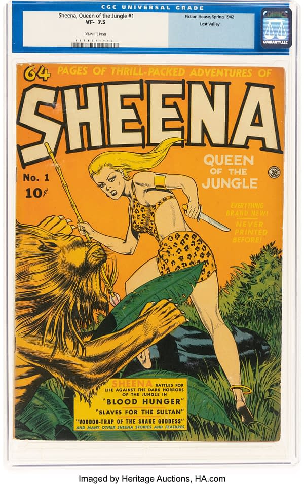A comic book cover featuring Sheena, the Queen of the Jungle, depicted in a fierce pose with a jungle background. She is wearing a leopard-print outfit, wielding a weapon against a menacing lion.