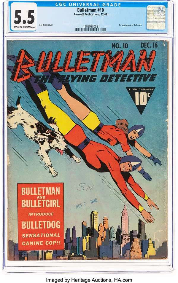 Bulletman #10 (Fawcett Publications, 1942) featuring Bulletdog. A vintage comic book cover featuring Bulletman and Bulletgirl flying through the sky alongside a dog. The cover includes bold text announcing the introduction of Bulletdog, a canine character.