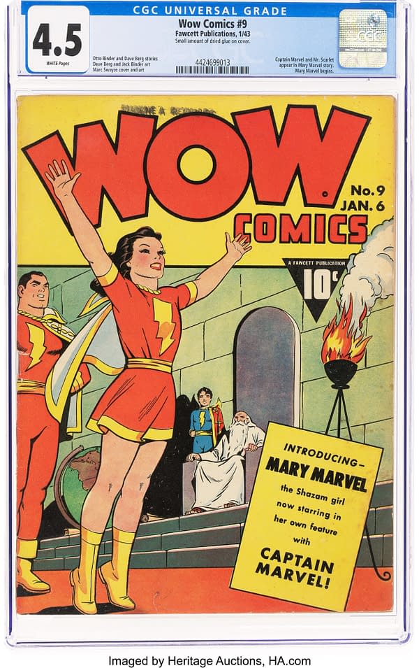 The cover of Wow Comics #9 from Fawcett Publications features Mary Marvel in a red costume with a lightning bolt emblem. She is posed with outstretched arms, celebrating her introduction, accompanied by characters resembling Captain Marvel and other figures.