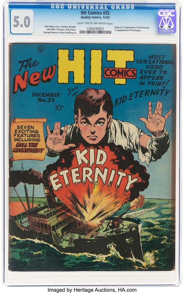 Cover illustration of Hit Comics #25 from 1942, featuring a young boy named Kid Eternity surrounded by fiery explosions and a steamship. The title and issue number are prominently displayed in colorful text.