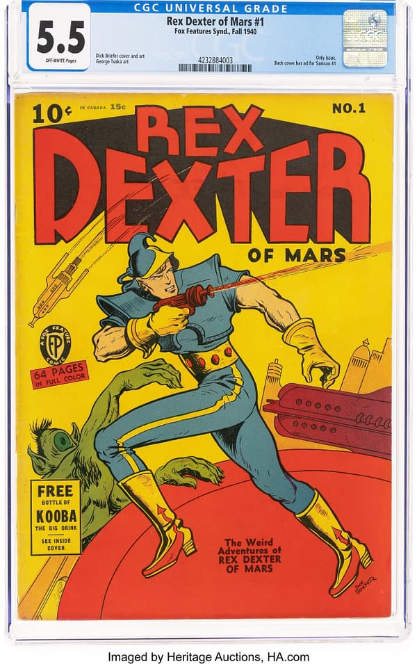 A brightly colored comic book cover featuring a muscular character, Rex Dexter, in a blue and yellow costume wielding a ray gun. He confronts a green, monstrous creature against a vibrant red and yellow background, with the title 'Rex Dexter of Mars #1.'