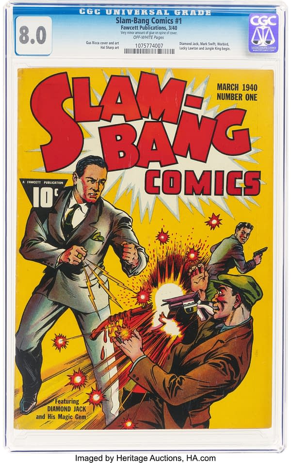 Cover of 'Slam-Bang Comics #1' featuring a dramatic scene with a man in a suit wielding a power ring against criminals, surrounded by vibrant comic-style action effects like explosions and gunfire. The artwork showcases a colorful palette with a bold title design.