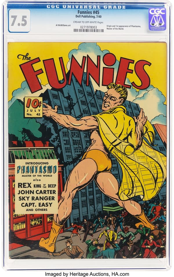 The Funnies #45 (Dell, 1940). A colorful comic book cover from 1940 featuring 'The Funnies' #45, showcasing a muscular hero in a yellow cape striking a dynamic pose against a backdrop of a city with a crowd below. The cover highlights the introduction of 'Phantasmo, Master of the World.'