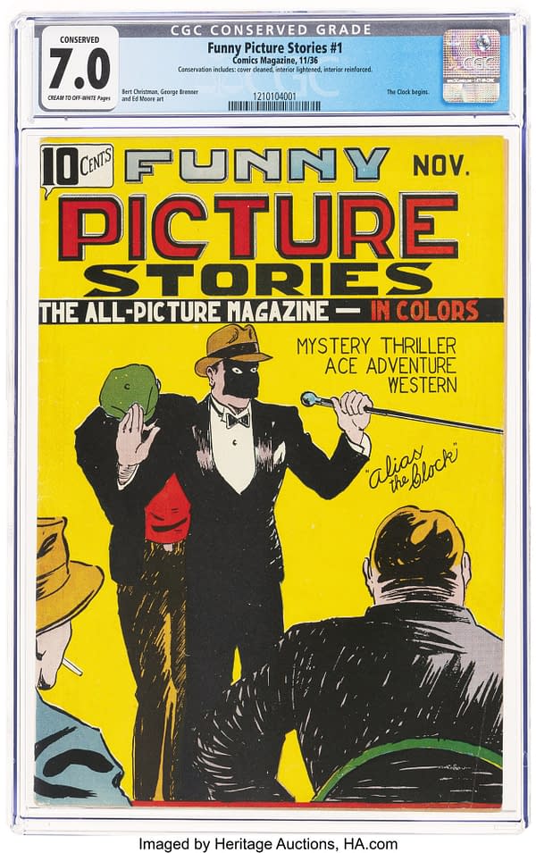 A colorful comic book cover featuring the title 'Funny Picture Stories #1' with vibrant illustrations. The scene depicts a man in a tuxedo and a mask holding a prop while another character, partially hidden, looks on.