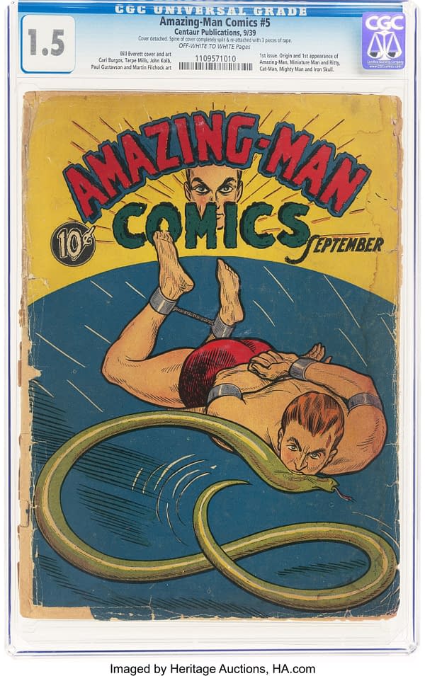 A vintage comic cover featuring a muscular hero engaged in a struggle with a large serpent, set against a colorful backdrop. The comic is titled 'Amazing-Man Comics #5' with a date of September 1939 and a price tag of 10 cents.