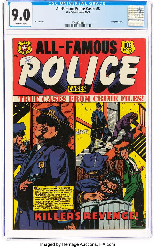 All-Famous Police Cases #8 (Star Publications, 1952): A comic book cover titled 'All-Famous Police Cases #8' featuring vivid illustrations of police officers and criminals in action, emphasizing themes of crime and justice. The comic showcases vibrant colors with dramatic text reading 'True Cases From Crime Files!' and 'Killer's Revenge!'.