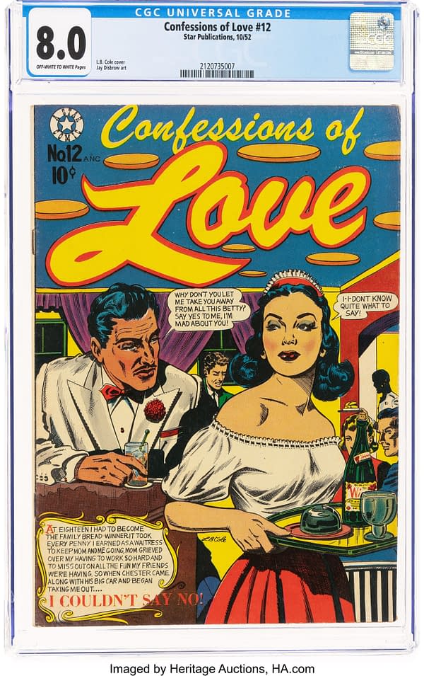 A comic book cover titled 'Confessions of Love #12' from Star Publications, featuring a dramatic illustration of a woman in a white dress and a man in a tuxedo, both expressing romantic dialogue in speech bubbles. The cover highlights themes of love and desire with vibrant colors.