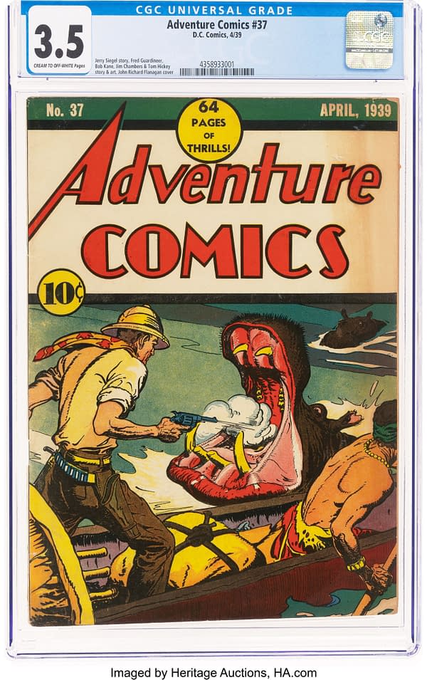 The cover of Adventure Comics #37 features a dramatic illustration depicting a man in a pith helmet pointing a gun at a giant, open-mouthed creature in a river, while another man in a canoe watches. The comic is labeled '64 Pages of Thrills!' and has a price of 10 cents.