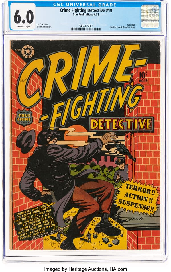 A comic book cover titled 'Crime Fighting Detective #19' from 1952, featuring a detective in pursuit of a criminal amidst a city background. The cover uses bold colors, displaying the words 'TERROR!! ACTION!! SUSPENSE!!' prominently.