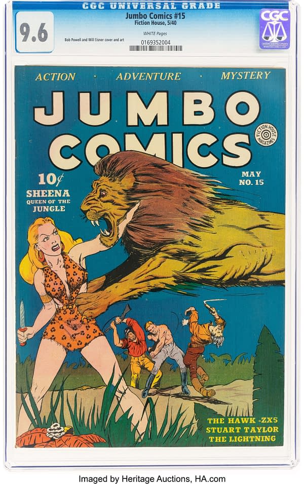 A colorful comic book cover featuring Sheena, the Queen of the Jungle, wielding a dagger. She is portrayed with long blonde hair and a leopard-print outfit, standing against a roaring lion, while several men battle in the background.