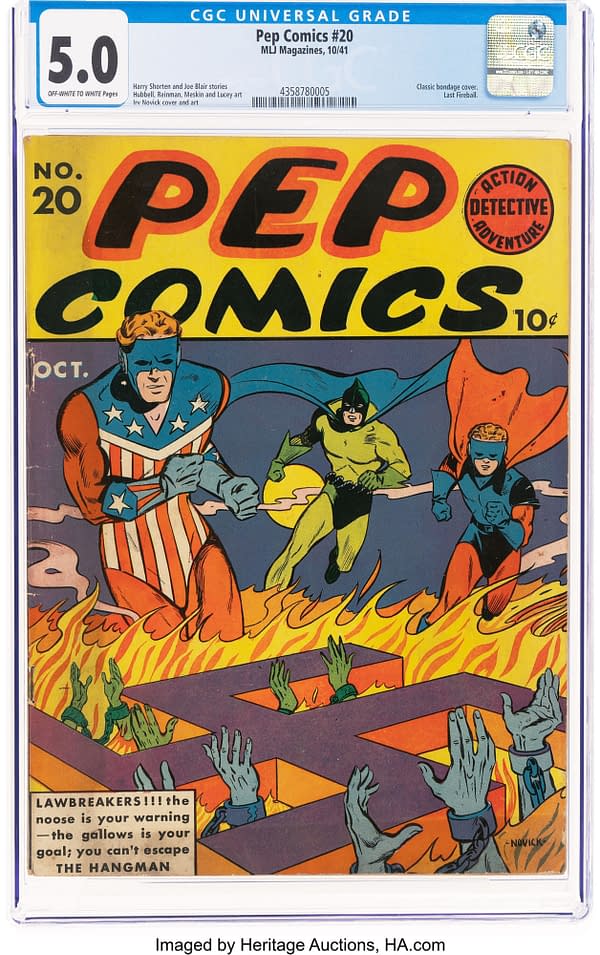 Cover of Pep Comics #20, featuring characters including The Shield and The Hangman in a fiery scene with hands emerging from a maze, set against bold yellow and orange colors.