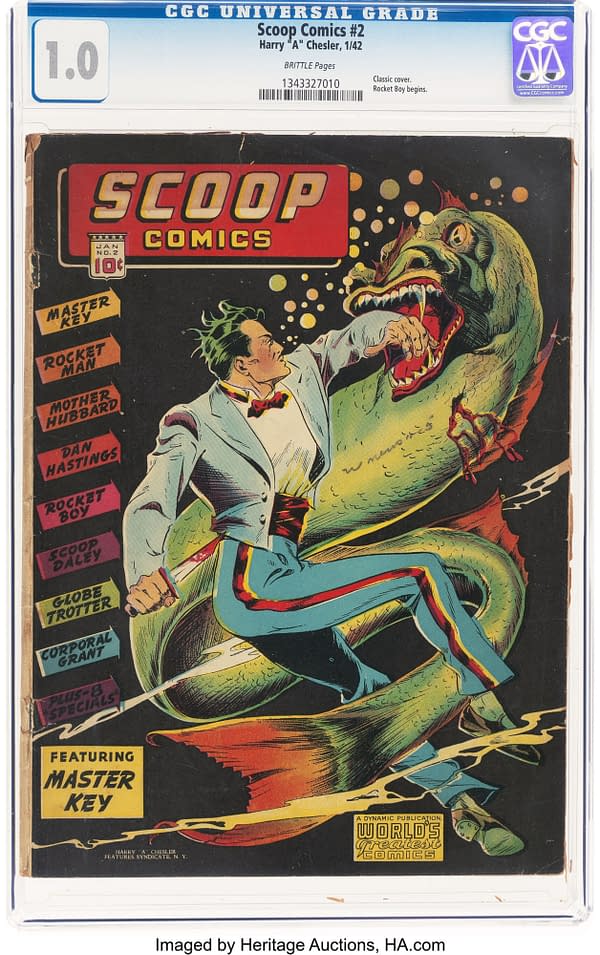 Cover illustration of "Scoop Comics #2" by Harry A. Chesler from 1942, featuring a heroic figure in a tuxedo striking a pose against a monstrous sea creature. The comic showcases various characters including Rocket Man and Master Key, with vibrant colors and bold graphics.