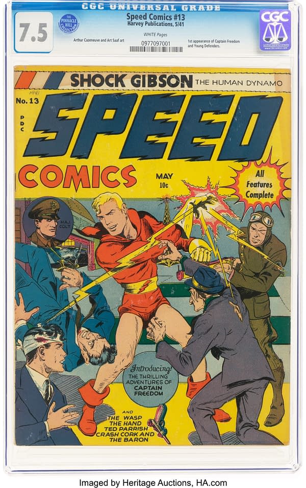 A vintage comic book cover for Speed Comics #13, featuring bold yellow and red colors. The central character, Captain Freedom, is depicted in a red costume with lightning designs, engaged in a dramatic scene with various characters including soldiers and a man with a bandage on his head.