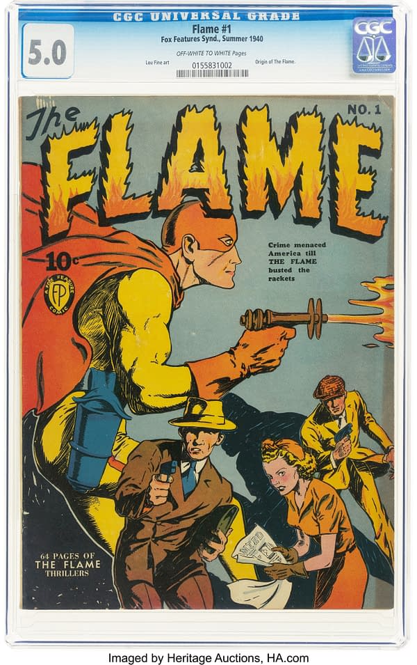 CGC-graded Fox's The Flame #1 comic book, featuring a vintage pulp-style cover with the Flame confronting armed criminals. The slab shows a 5.0 grade and off-white to white pages.
