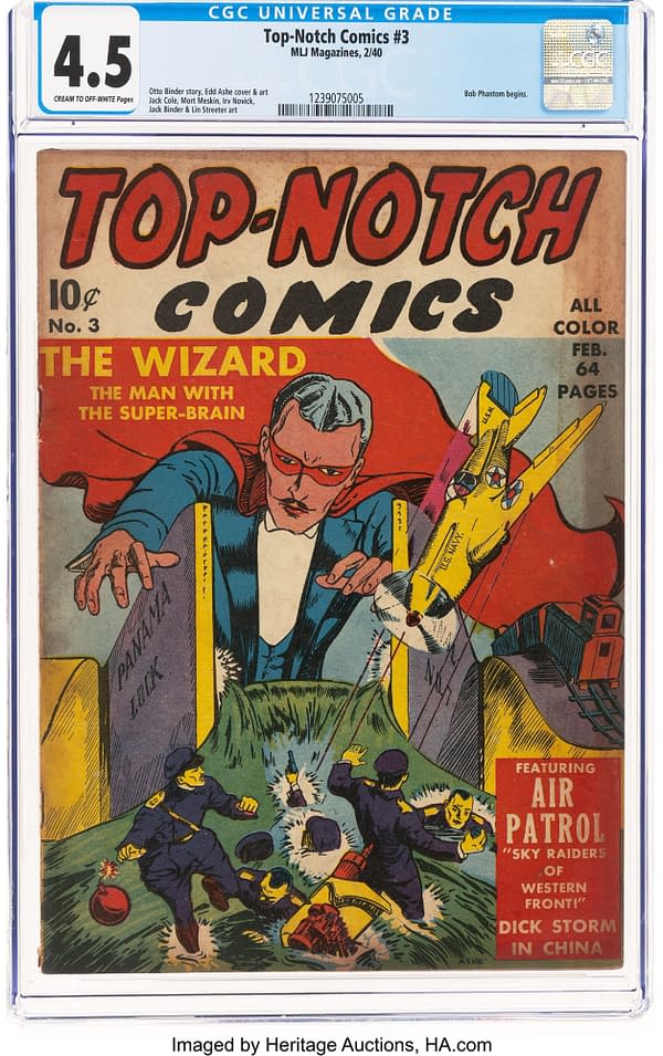 Cover of Top-Notch Comics #3 featuring the character The Wizard, depicted with a dramatic pose and wearing red glasses. The background showcases various scenes of action with police and vessels, highlighting the comic's adventurous theme.