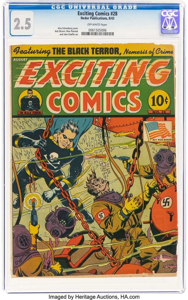 Exciting Comics #28 (Nedor, 1943). A comic book cover featuring 'Exciting Comics #28' with vivid colors. It showcases the character, The Black Terror, engaged in an underwater battle against various foes, including a figure in a diver suit bearing a Nazi insignia.