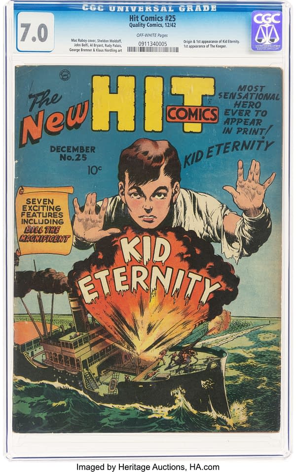 CGC slabbed Hit Comics #25 from 1942, graded 7.0 with off-white pages. The cover features Kid Eternity rising over a ship explosion.