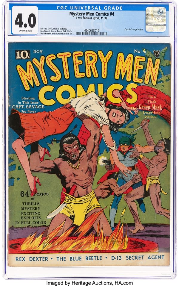 Mystery Men Comics #4 (Fox, 1939). A vintage comic book cover featuring the title 'Mystery Men Comics #4.' Prominent illustrations include a heroic figure in a green mask, a woman in distress, and a character wielding a knife. The cover is colorful, with bold text and a lively scene depicting action and intrigue.