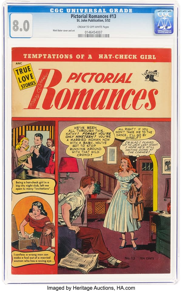 Pictorial Romances #13 (St. John, 1952) featuring Matt Baker artwork. A vintage comic book cover titled 'Pictorial Romances #13' from St. John Publications, featuring an illustration of dramatic romantic scenarios. The cover showcases characters with dialogue on themes of love and intrigue.