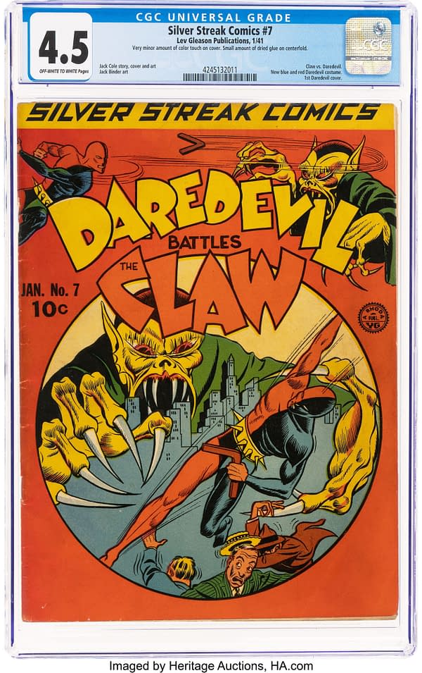 Silver Streak Comics #7 (Lev Gleason, 1941). A vintage comic book cover featuring the superhero Daredevil battling a monstrous villain named The Claw. The bold and colorful design showcases action, with Daredevil wielding a weapon against The Claw amidst a city skyline.