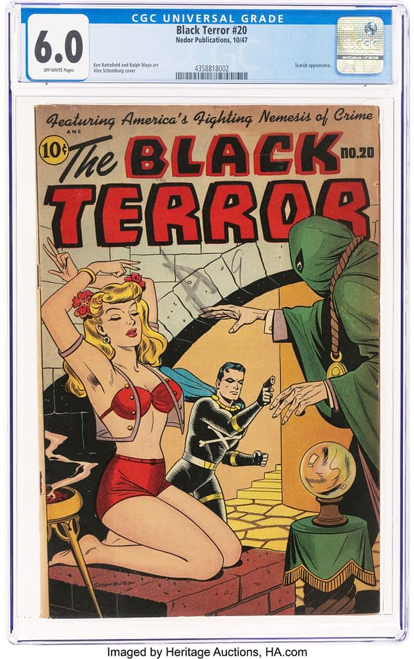 The comic cover of 'Black Terror #20' features a blonde woman in a red outfit, a man in a black costume aiming a gun, and a hooded figure, all set against a dramatic background. The title and issue number are prominently displayed at the top.
