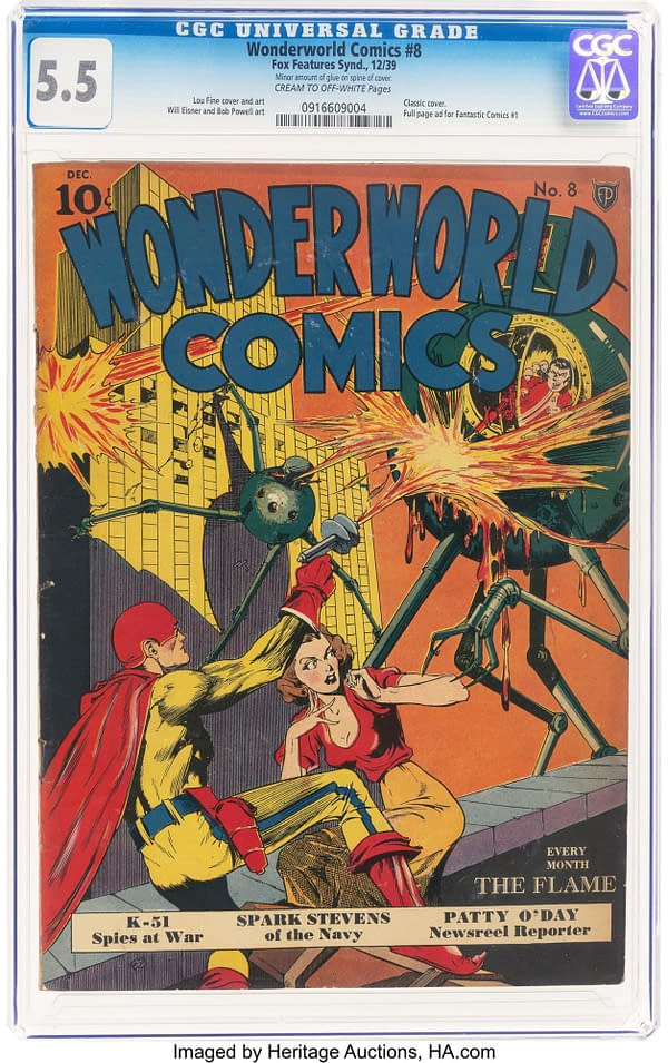 A classic comic book cover from Wonderworld Comics #8, featuring The Flame battling a giant robotic spider while a woman in a red dress looks on in alarm. The vibrant colors and action-packed scene highlight the comic's adventurous theme.