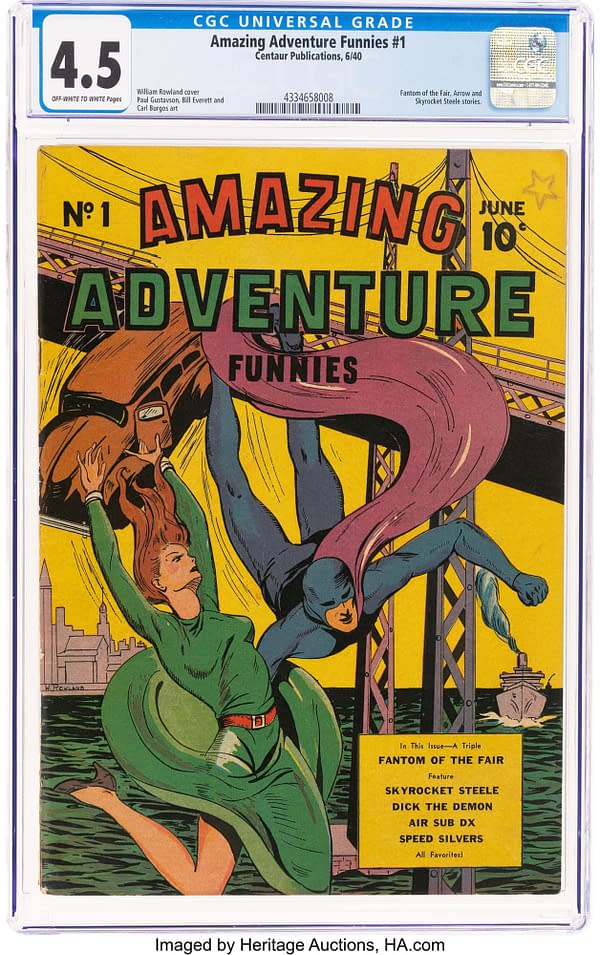 A colorful comic book cover featuring superheroes in action, with a woman in a green dress and a man in a blue suit displayed prominently. The title 'Amazing Adventure Funnies' is boldly printed at the top, set against a bright yellow background.