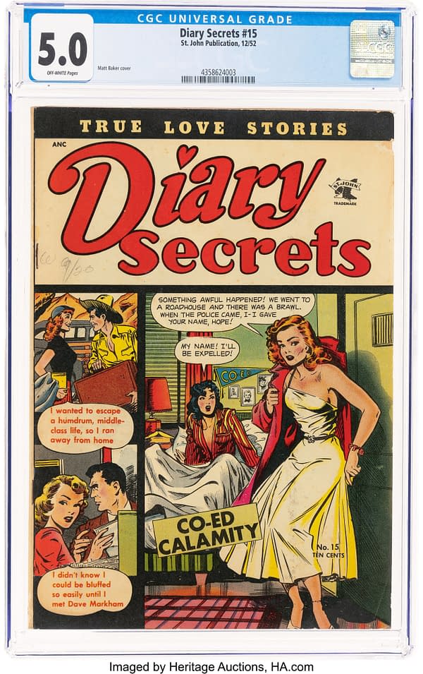 Cover of 'Diary Secrets' #15, featuring a vibrant illustration with characters involved in dramatic dialogue about love and danger. The title is prominently displayed in bold red letters, surrounded by a scene depicting a tense situation.