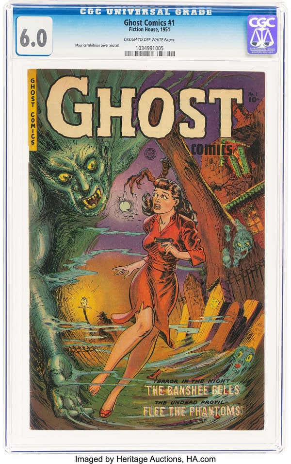 A vintage comic book cover titled 'Ghost Comics #1' from 1951 features a frightened woman in a red dress holding a gun, confronted by a green ghostly creature. The cover includes eerie elements such as grave markers and subtle ghost figures in the background, creating a spooky atmosphere.