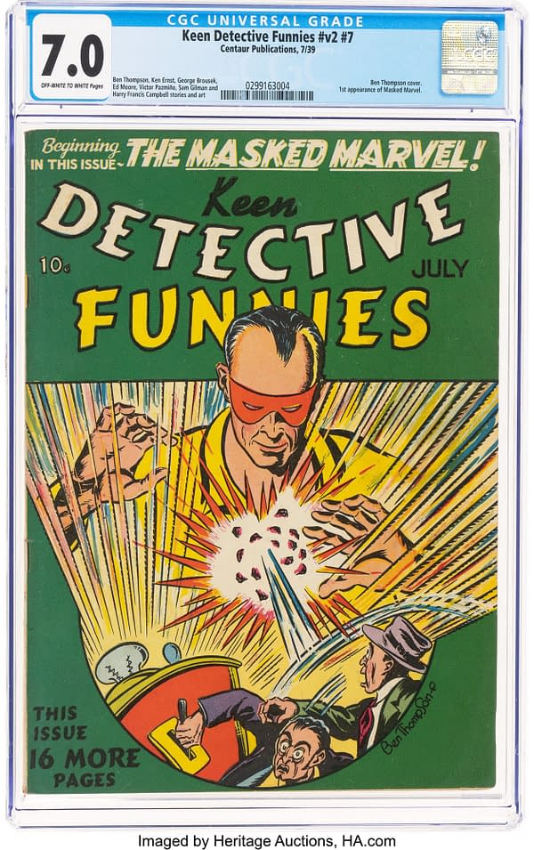 A comic book cover featuring a masked hero with a red mask and yellow shirt, surrounded by bright explosive effects and two startled characters. The title 'Keen Detective Funnies' is prominently displayed at the top, indicating this is the seventh issue, with 'The Masked Marvel' as the featured character.