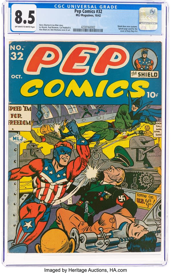 A colorful comic book cover displaying characters engaged in a battle scene. The superhero 'The Shield' is positioned in the foreground, wearing a star-spangled costume, while other figures interact, including a soldier and a villain marked by Nazi insignia. The title 'Pep Comics #32' is prominently featured at the top.