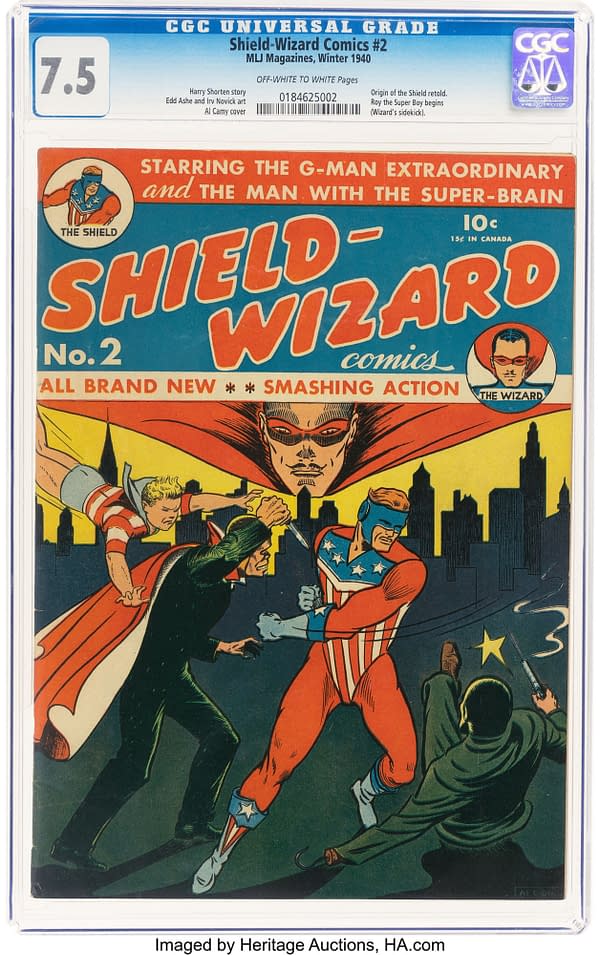 A colorful comic book cover featuring two superheroes in action, with one wearing a star-spangled costume and the other in a dark outfit. The backdrop shows a city skyline, enhancing the dramatic scene. The title 'Shield-Wizard Comics #2' is prominently displayed at the top.