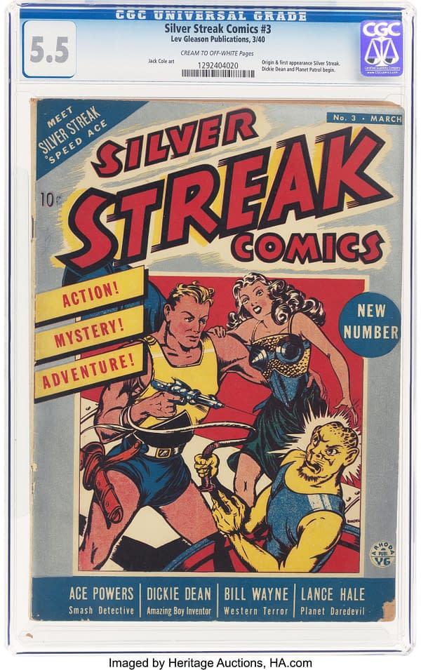A colorful comic book cover featuring Silver Streak Comics #3 from March 1940. In the foreground, a muscular hero is holding a weapon while a distressed woman is beside him, with a villain crouched at the bottom, showcasing action, mystery, and adventure themes.