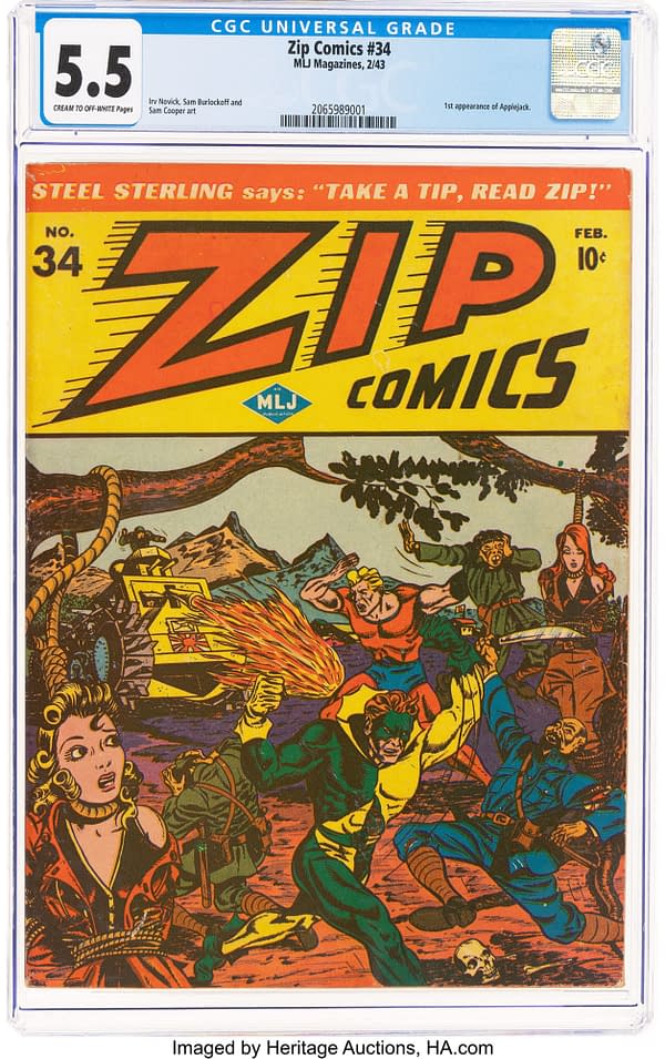 The cover of Zip Comics #34 features bold colors and illustrations of heroic figures in action, including Steel Sterling using flames, while a woman in a red dress looks on with concern. The comic is marked with a grade of 5.5 and includes the publication details from February 1943.