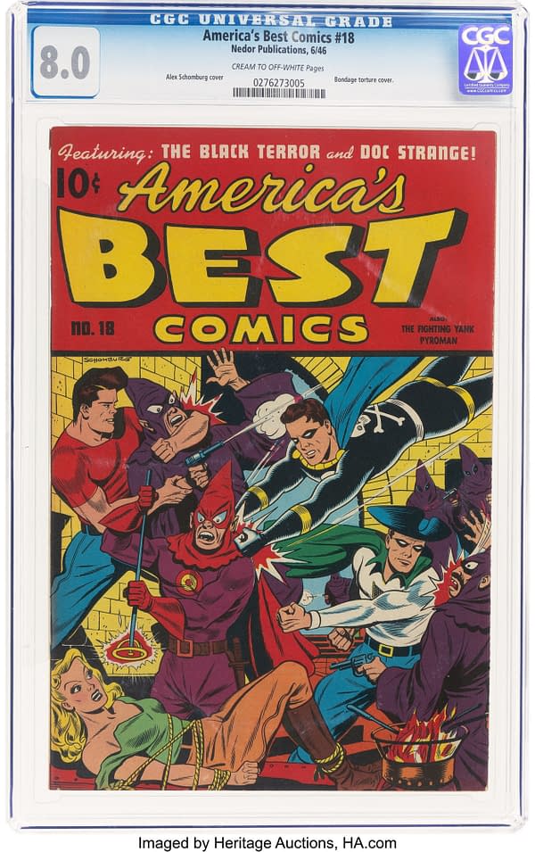 A vintage comic book cover featuring dynamic, colorful illustrations of superheroes and villains engaging in action. The title, 'America's Best Comics', prominently stands out with characters like The Black Terror and Doc Strange depicted in an intense scene.