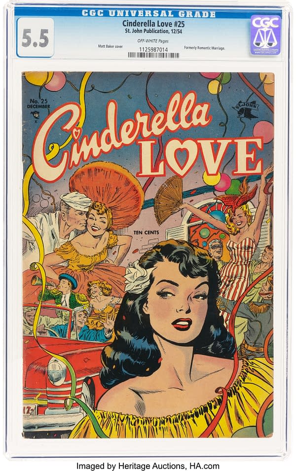 A colorful comic book cover titled 'Cinderella Love #25' features a woman with dark hair wearing a yellow dress, surrounded by characters in various outfits celebrating. The design includes festive elements like ribbons and balloons.
