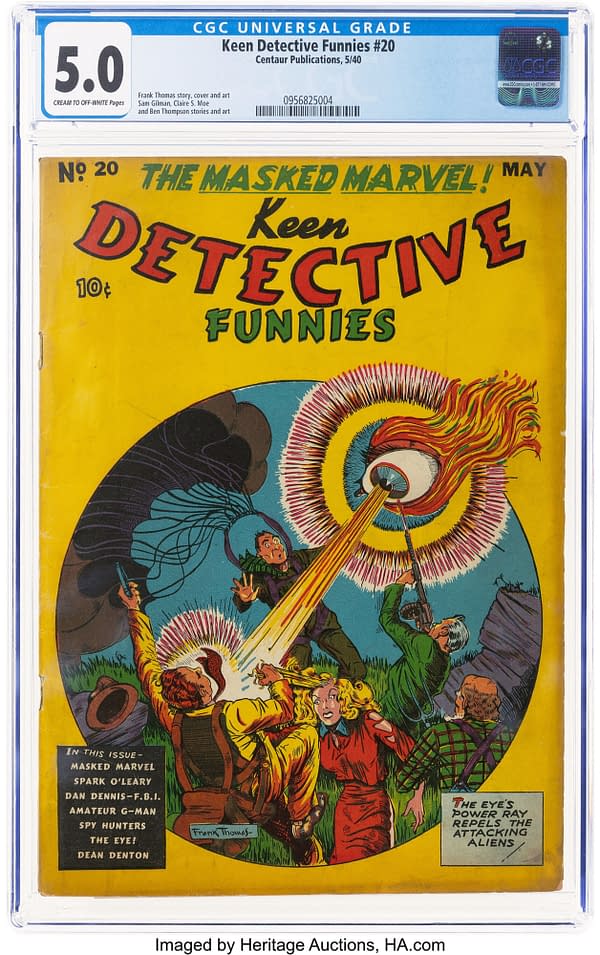 A colorful comic book cover featuring dramatic scenes with intense action. The focal point is a large eye emitting a power ray that repels various characters in a chaotic setting.