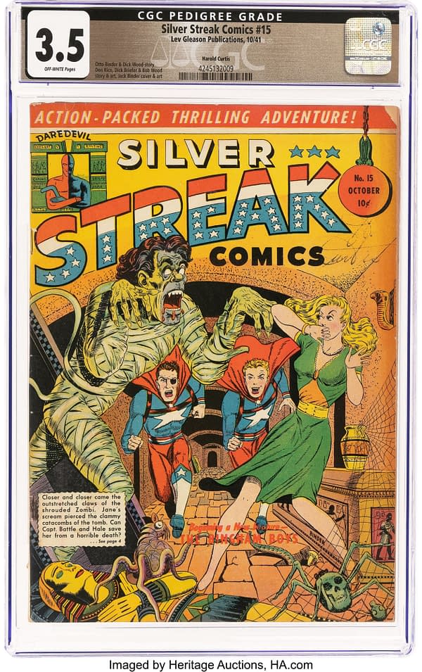 The cover of Silver Streak Comics #15 features a vibrant illustration with superheroes confronting a monstrous zombie, while a frightened woman looks on. The comic is labeled 'Action-Packed Thrilling Adventure!' and includes a CGC grade of 3.5.