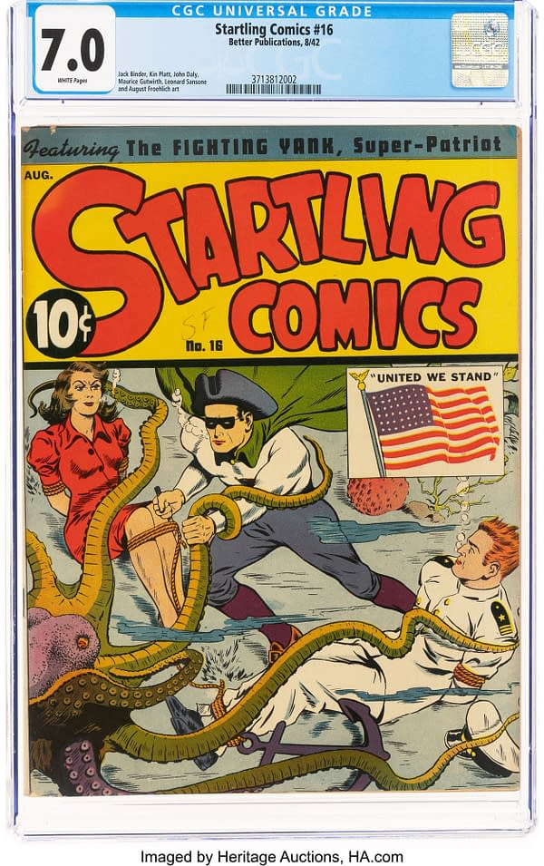 A CGC-graded Startling Comics #16 from Better Publications, 1942, showing the yellow-and-red cover with the Fighting Yank, a woman, and a U.S. flag emblem.