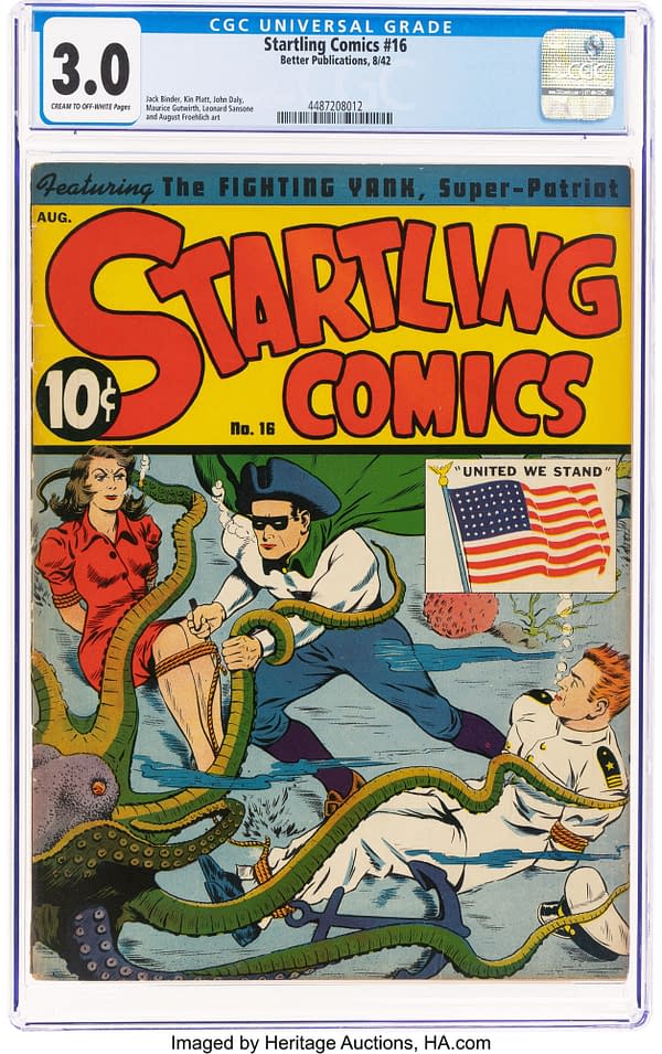 Cover of 'Startling Comics' #16, featuring a superhero, The Fighting Yank, engaging an octopus while a woman and another character look on. The comic showcases vibrant colors and dramatic action.