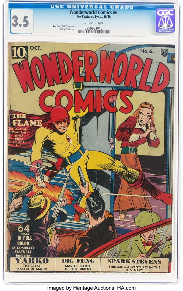 The cover of Wonderworld Comics #6 from October 1939 features a superhero named 'The Flame' in a vibrant red and yellow costume, engaging with armed thugs while a woman watches in fear. The comic is graded CGC 3.5 and includes advertisements for various stories inside.