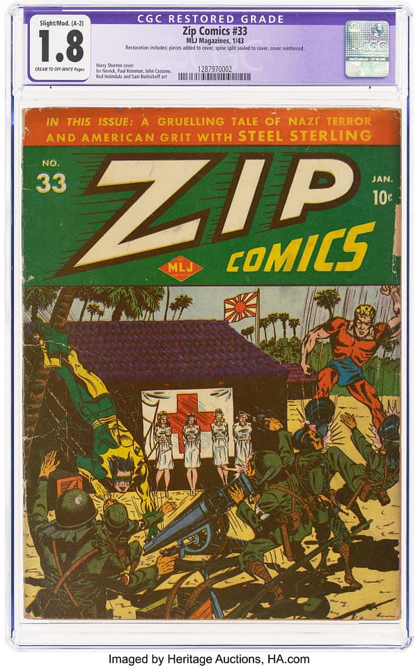 The cover of Zip Comics #33 features a dramatic illustration depicting a confrontation between superheroes and soldiers, set against a backdrop of palm trees and a red cross banner. The title 'ZIP COMICS' is prominently displayed at the top, with art by Harry Shorten and contributions from various artists.