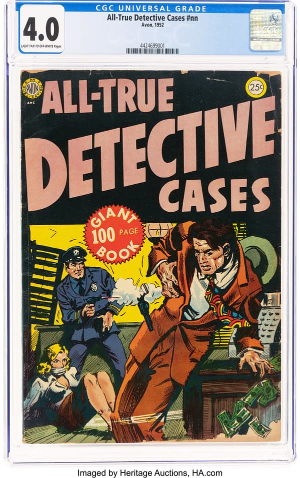 CGC slabbed Avon 1952 All-True Detective Cases #nn comic with a 4.0 grade and light tan to off-white pages. The cover shows a detective-themed pulp scene with a gunman and a police officer.