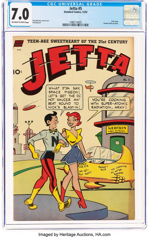 CGC-graded Jetta #5 comic book slab, showing a colorful Dan DeCarlo science fiction cover with a retro teen couple and a futuristic school setting. The label notes a 7.0 grade and off-white to white pages.