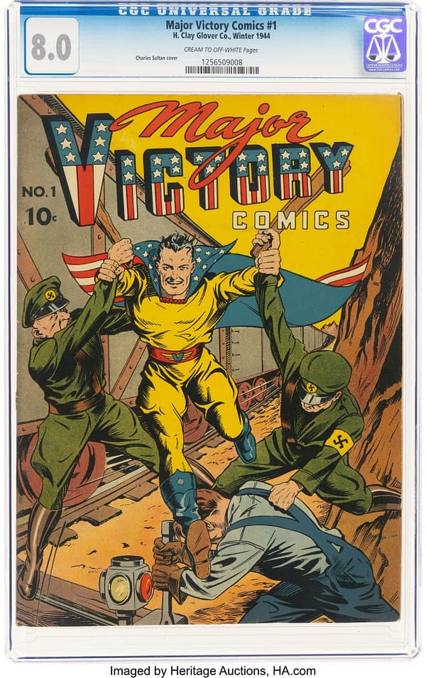 CGC-graded Major Victory Comics #1, a 1944 comic book featuring a patriotic hero fighting enemy soldiers on the cover.