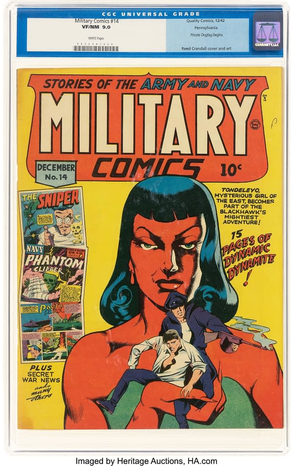 CGC-graded Military Comics #14, a 1942 Quality Comics issue with a vivid yellow and orange cover featuring a Blackhawk-related female character and wartime action scenes. The slab label notes VF/NM 9.0 with white pages.