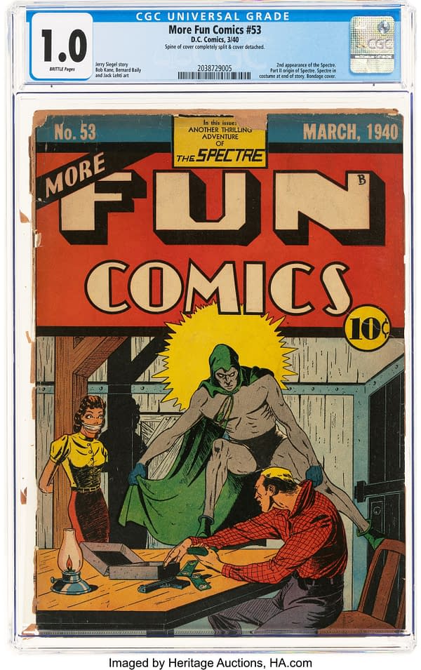 A CGC-graded More Fun Comics #53 from March 1940, showing the cover art with the Spectre and a hostage scene, labeled 1.0 brittle pages. The slab notes a detached cover and split spine.