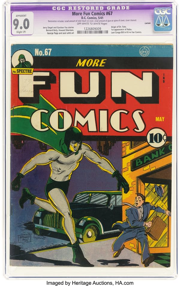 CGC-graded copy of More Fun Comics #67, a 1941 DC comic featuring The Spectre on the cover. The slab label notes an apparent 9.0 grade with slight restoration.