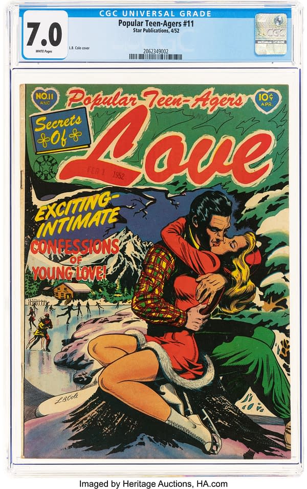 CGC-graded Popular Teen-Agers #11 comic book from Star Publications, featuring an L.B. Cole romance cover with a dramatic kissing couple. The slab shows a 7.0 White Pages grade.